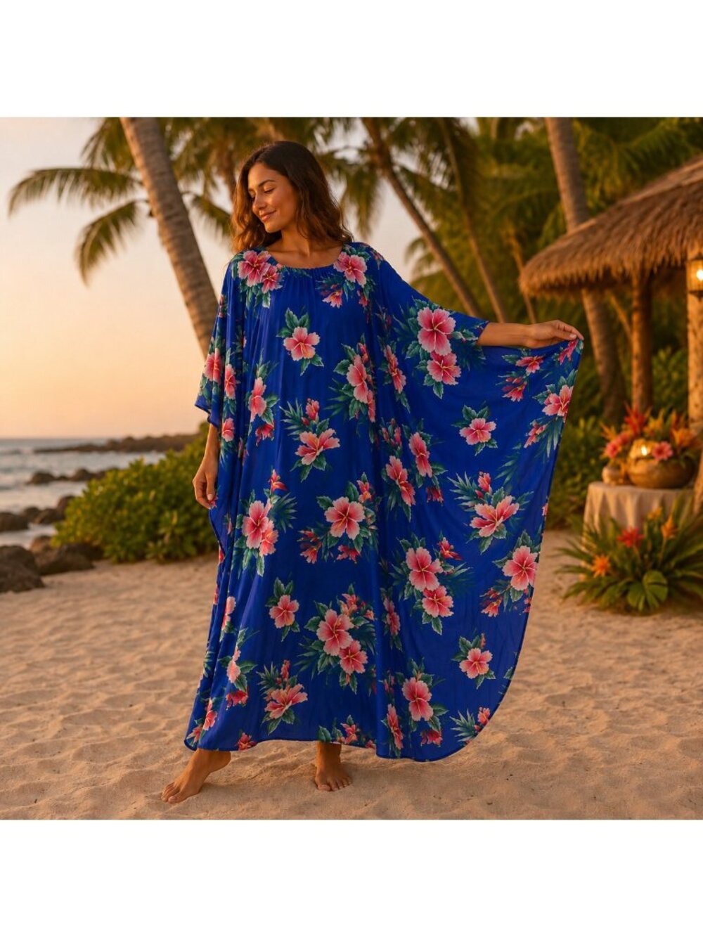 Vtg 70s Blue Floral Pleated Caftan Hawaiian Mumu Kaftan Drawstring Neck Dress